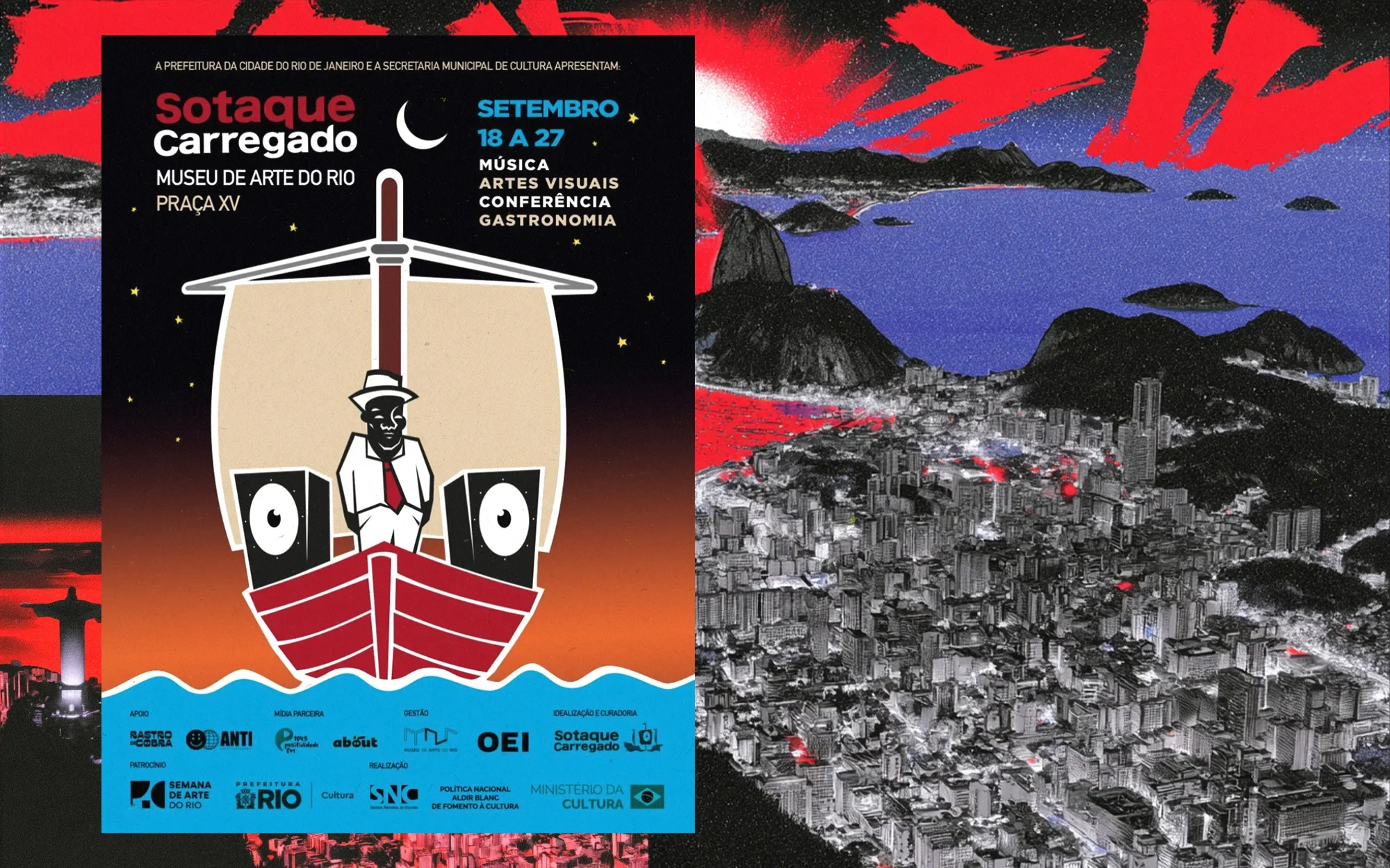 Cartaz do festival Sotaque Carregado com ilustração de um homem de terno branco em um barco vermelho com caixas de som no lugar de velas, sob um céu em degradê laranja e azul-escuro.