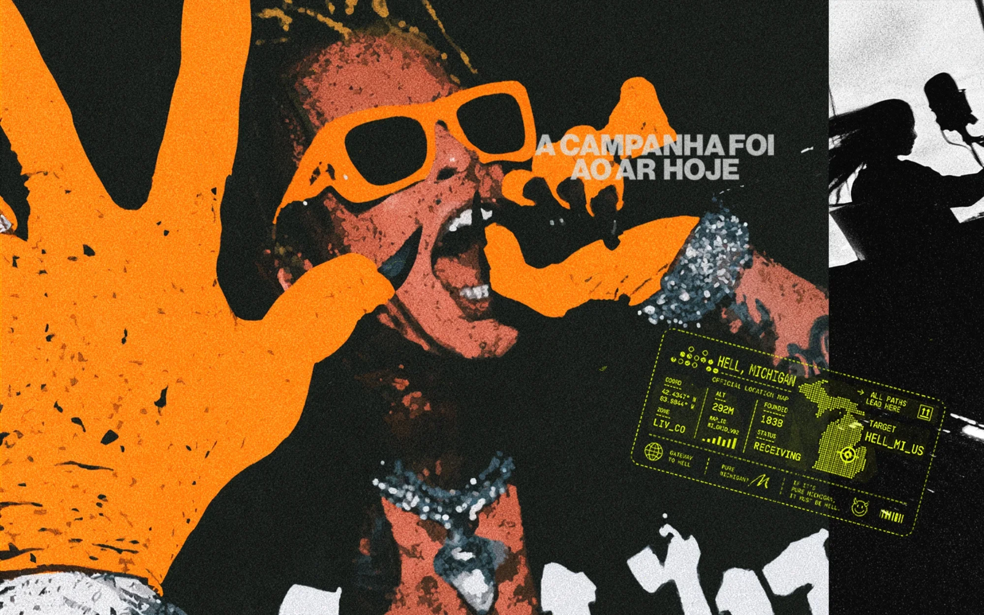 Cantora se apresenta ao microfone em colagem laranja e preta sobre campanha publicitária realizada hoje e pagamento previsto para o futuro.