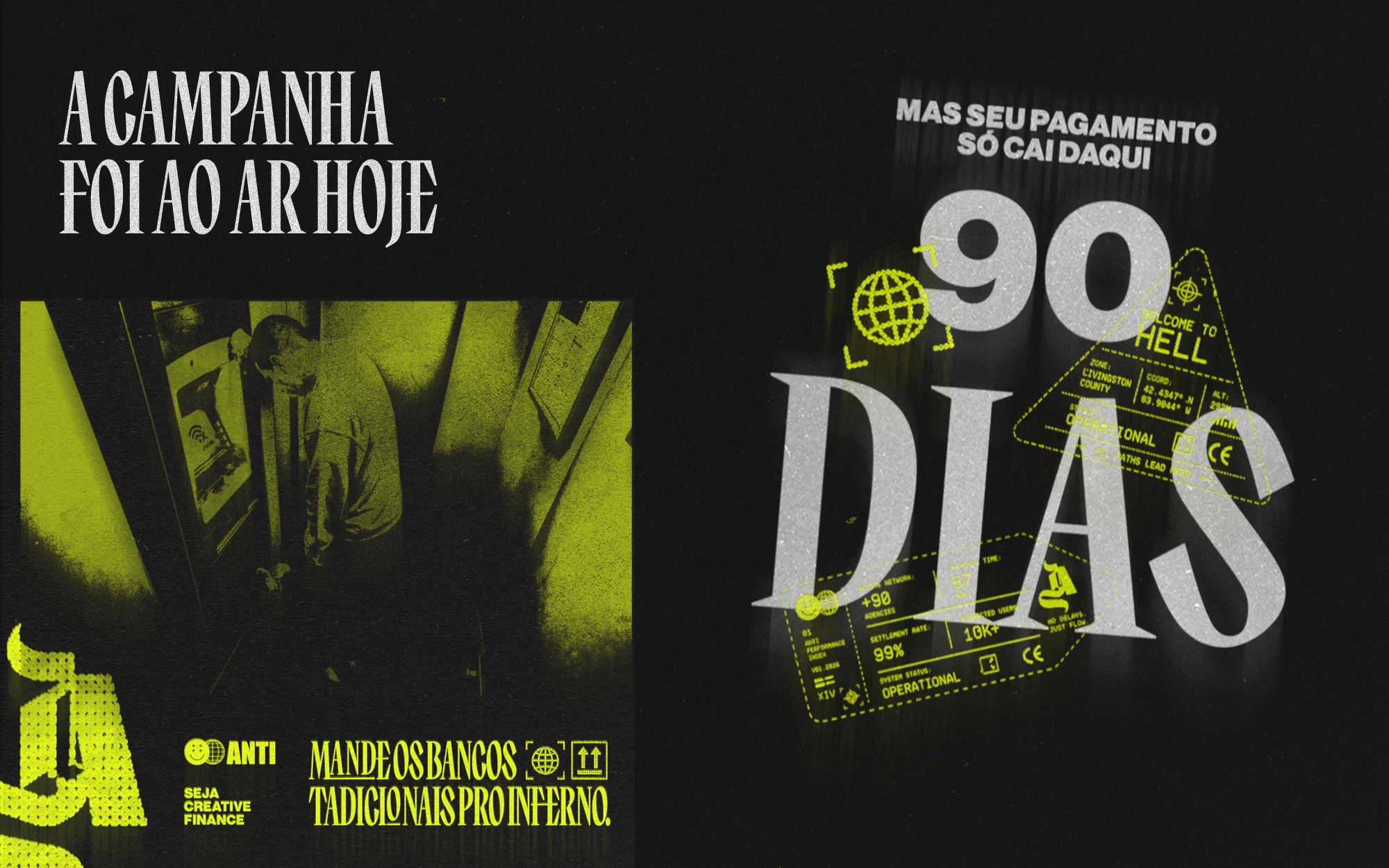 Composição horizontal com a identidade visual do ANTI, uma pessoa diante de um caixa eletrônico, tipografia branca e detalhes amarelo-neon sobre campanhas pagas em 90 dias.