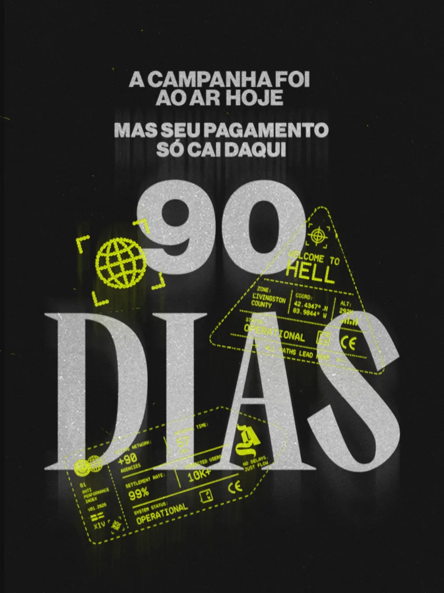 Fundo preto texturizado com a identidade visual do ANTI, tipografia branca destacando “90 dias” e elementos em amarelo-neon sobre antecipação de pagamentos de campanhas.