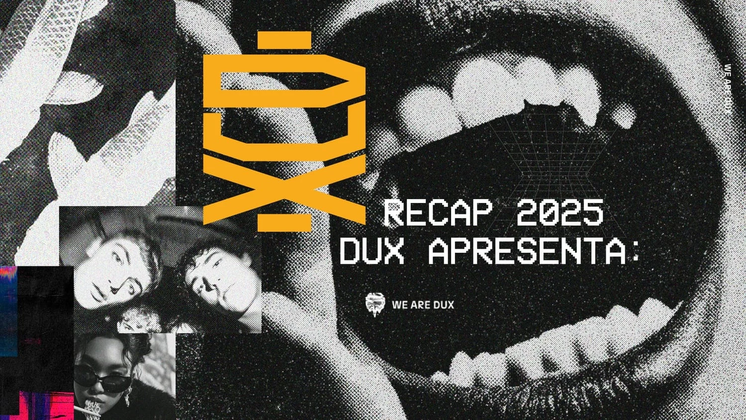Close-up em meio-tom de uma boca aberta gritando, ao lado de pequenos retratos em colagem, com o letreiro 'Recap 2025'