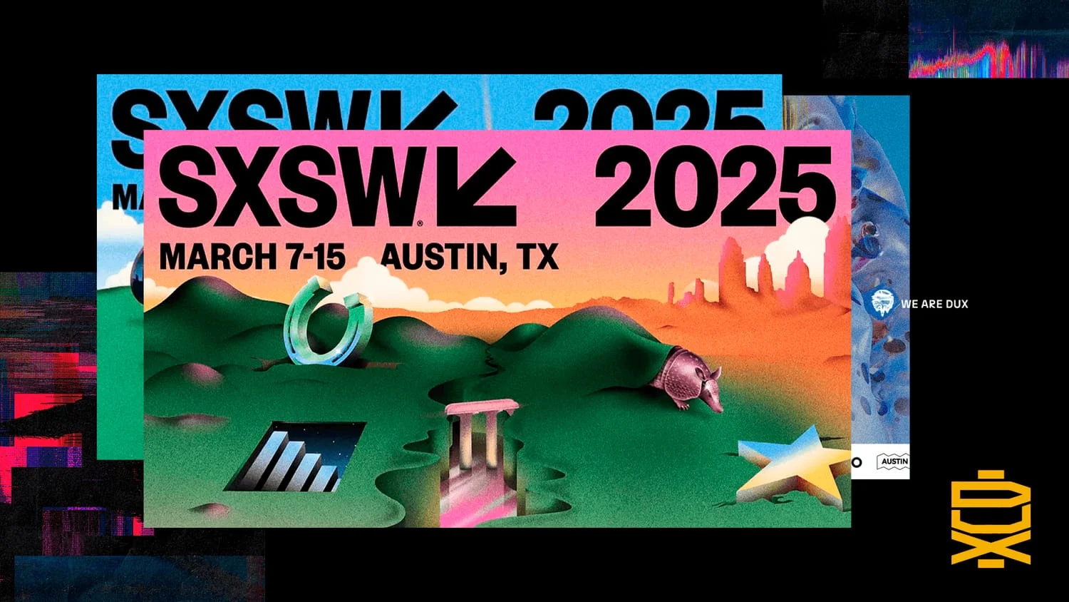 Cartaz colorido do festival SXSW 2025 com o logo em seta, a data 'March 7-15, Austin, TX' e uma paisagem 3D estilizada