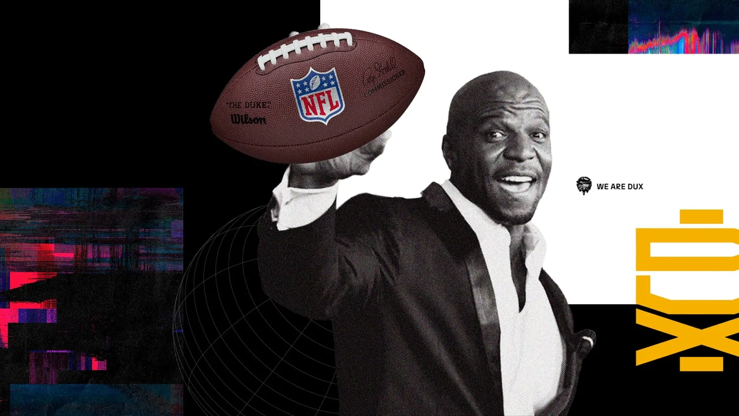 Homem sorridente de terno arremessando uma bola de futebol americano da NFL, em preto e branco com ruído digital